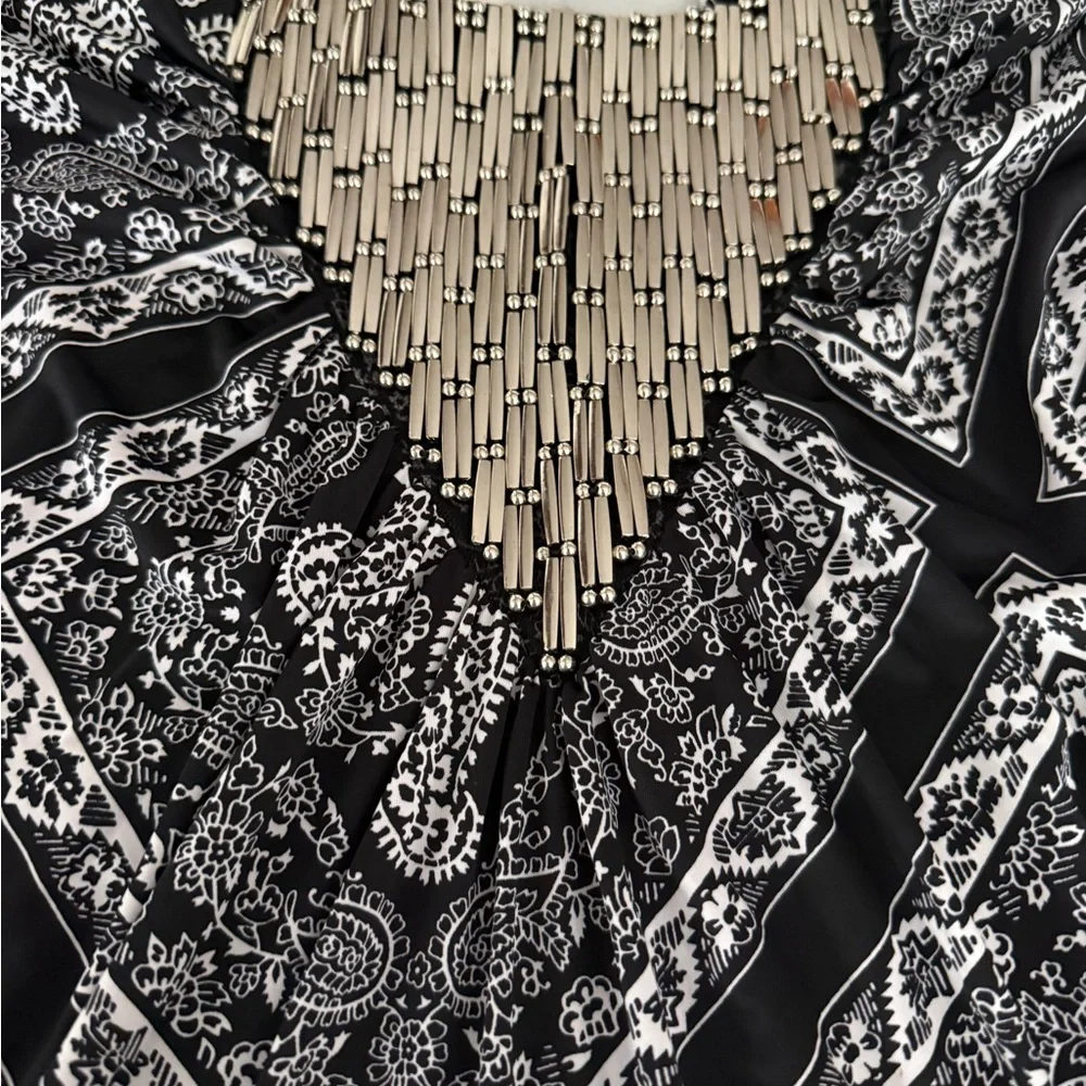 Venus Paisley Bandana Print Beaded Black White Sleeveless Dress XS - Picture 6 of 7